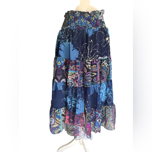 Chaudry Boho Patchwork Tiered Maxi Skirt Blue Floral Paisley Smocked Waist S - Picture 4 of 10